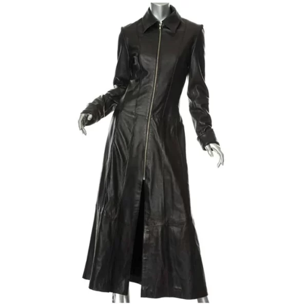 Women Matrix Long Length Black Leather Coat