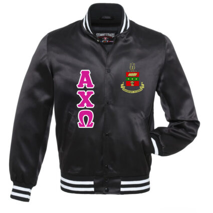 Women's Black Alpha Chi Omega Bomber Satin Jacket