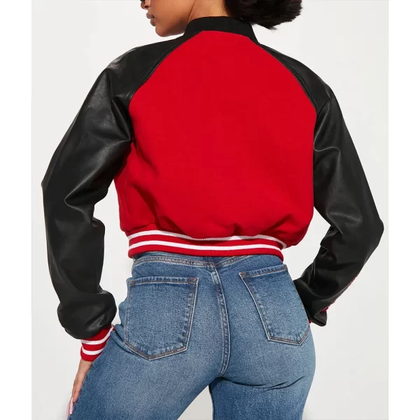 Women’s Chicago Bulls Red and Black Wool & Leather Varsity Cropped Jacket