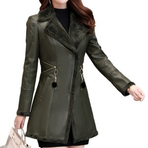 Women’s Sheepskin Warm Trench Style Leather Coat Jacket