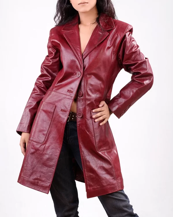 Womens Trench Red Leather Coat