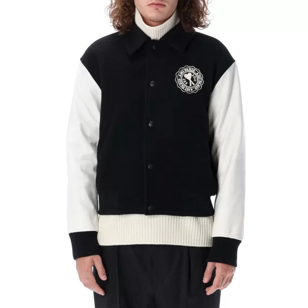 Ami Black and White Wool & Leather Varsity Jacket