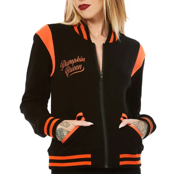 Black Pumpkin Queen Varsity Full-Snap Wool Jacket