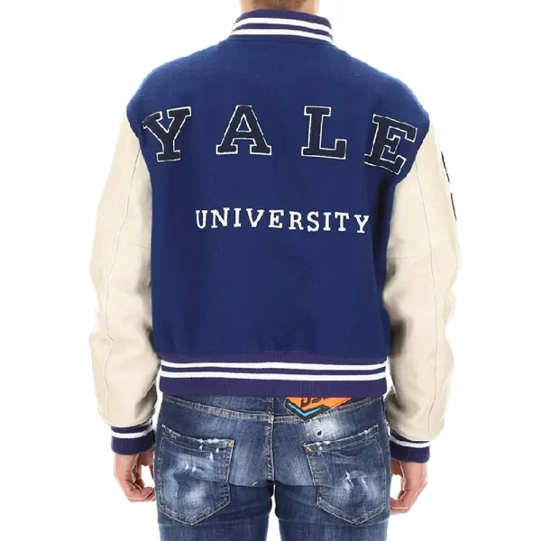 Blue and Off White Yale Calvin Klein Varsity Wool & Leather Jacket