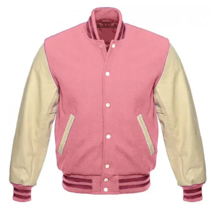 Cream and Pink Varsity Wool and Leather Jacket
