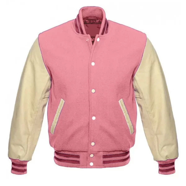 Cream and Pink Varsity Wool and Leather Jacket