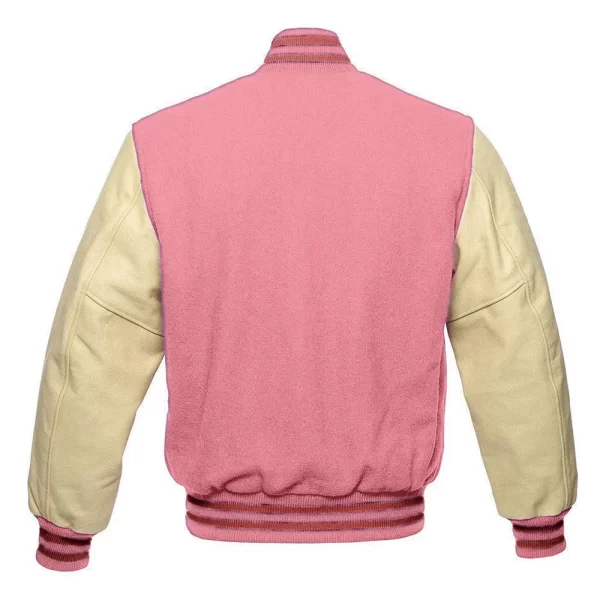 Cream and Pink Wool & Leather Full-Snap Varsity Jacket