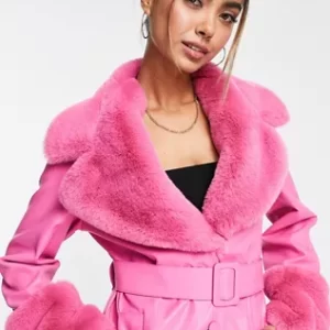 Forever New Faux Fur Belted Pu Pink Coat