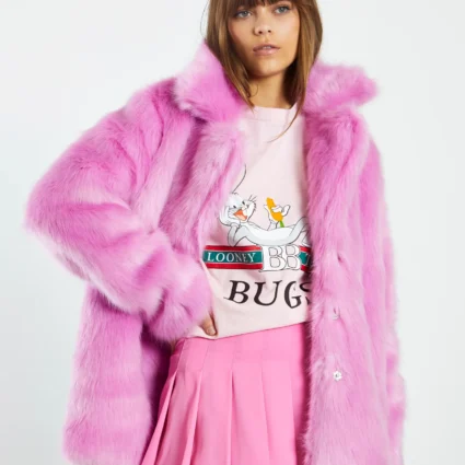Glamorous Faux Fur With Lapel Collar Hot Pink Coat