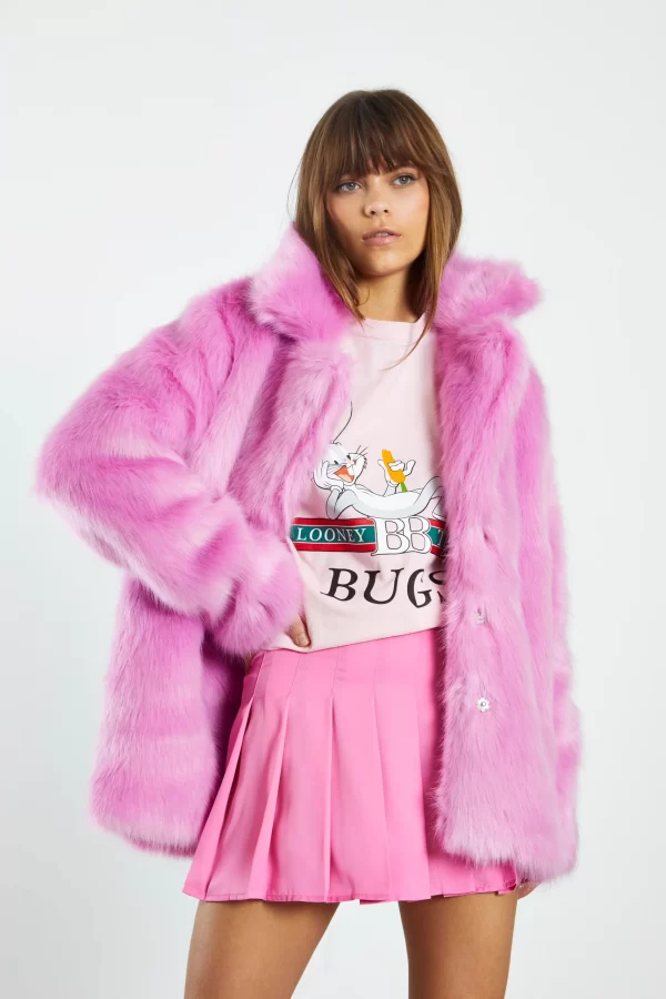 Glamorous Faux Fur With Lapel Collar Hot Pink Coat