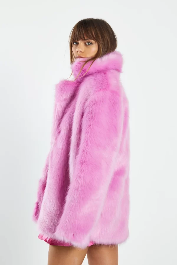 Glamorous Hot Pink Faux Fur With Lapel Collar Coat