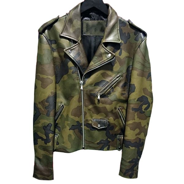 Men’s Biker Military Camouflage Leather Jacket