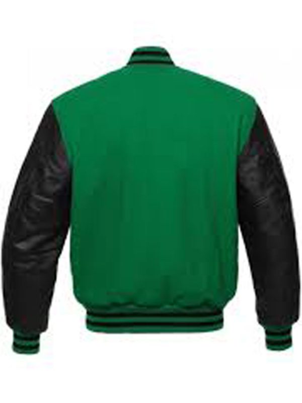 Men’s Black Leather and Wool Green Bomber Varsity Jacket