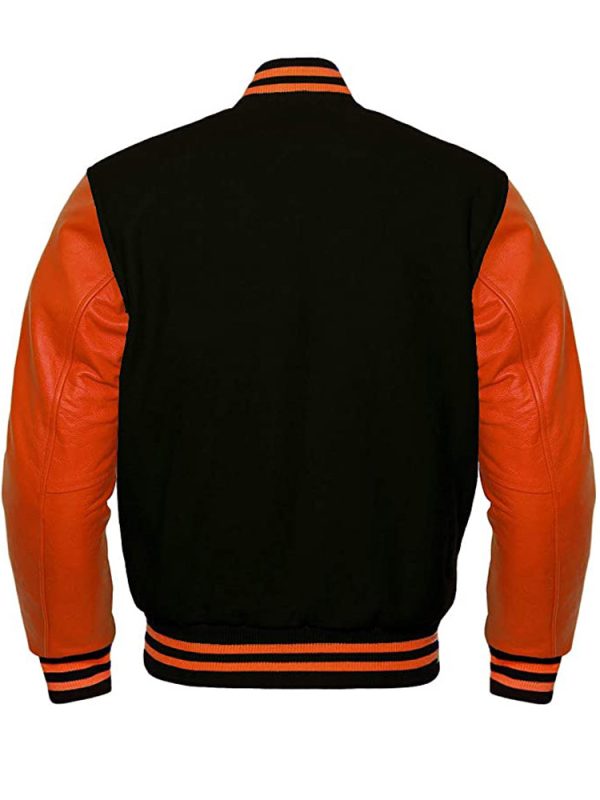 Men’s Black Wool and Orange Leather Varsity Jacket