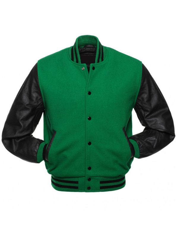 Men’s Black and Green Wool Varsity Bomber Jacket