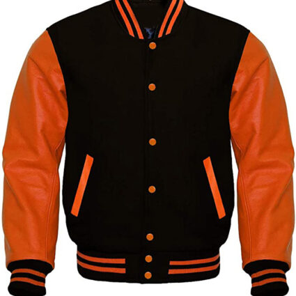 Men’s Black and Orange Bomber Wool Varsity Jacket