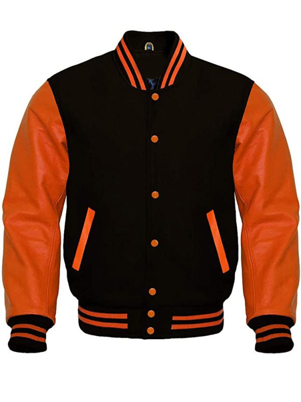 Men’s Black and Orange Bomber Wool Varsity Jacket