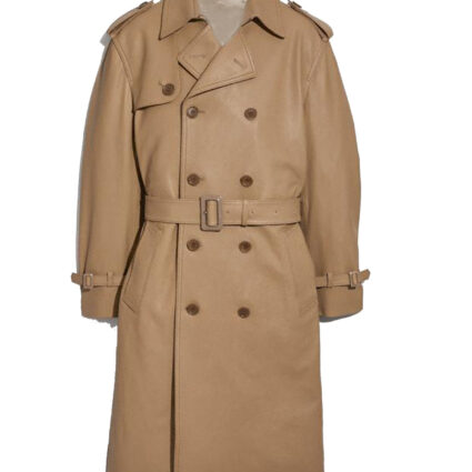 Men’s Double Breasted Light Brown Trench Leather Coat
