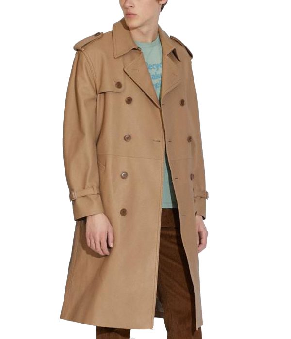 Men’s Double Breasted Light Trench Leather Coat