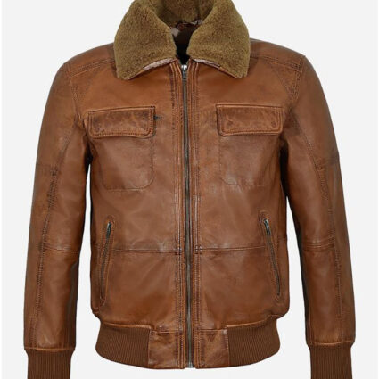 Men’s Fur Collar Brown Bomber Leather Jacket
