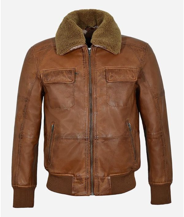 Men’s Fur Collar Brown Bomber Leather Jacket