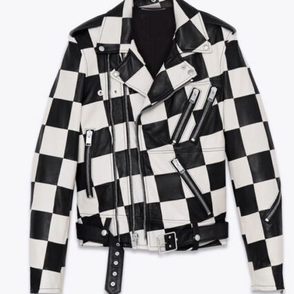 Men’s Motorcycle Checkerboard Biker Leather Jacket