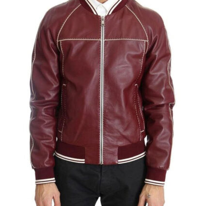 Men’s Stitched Bomber Maroon Bomber Leather Jacket