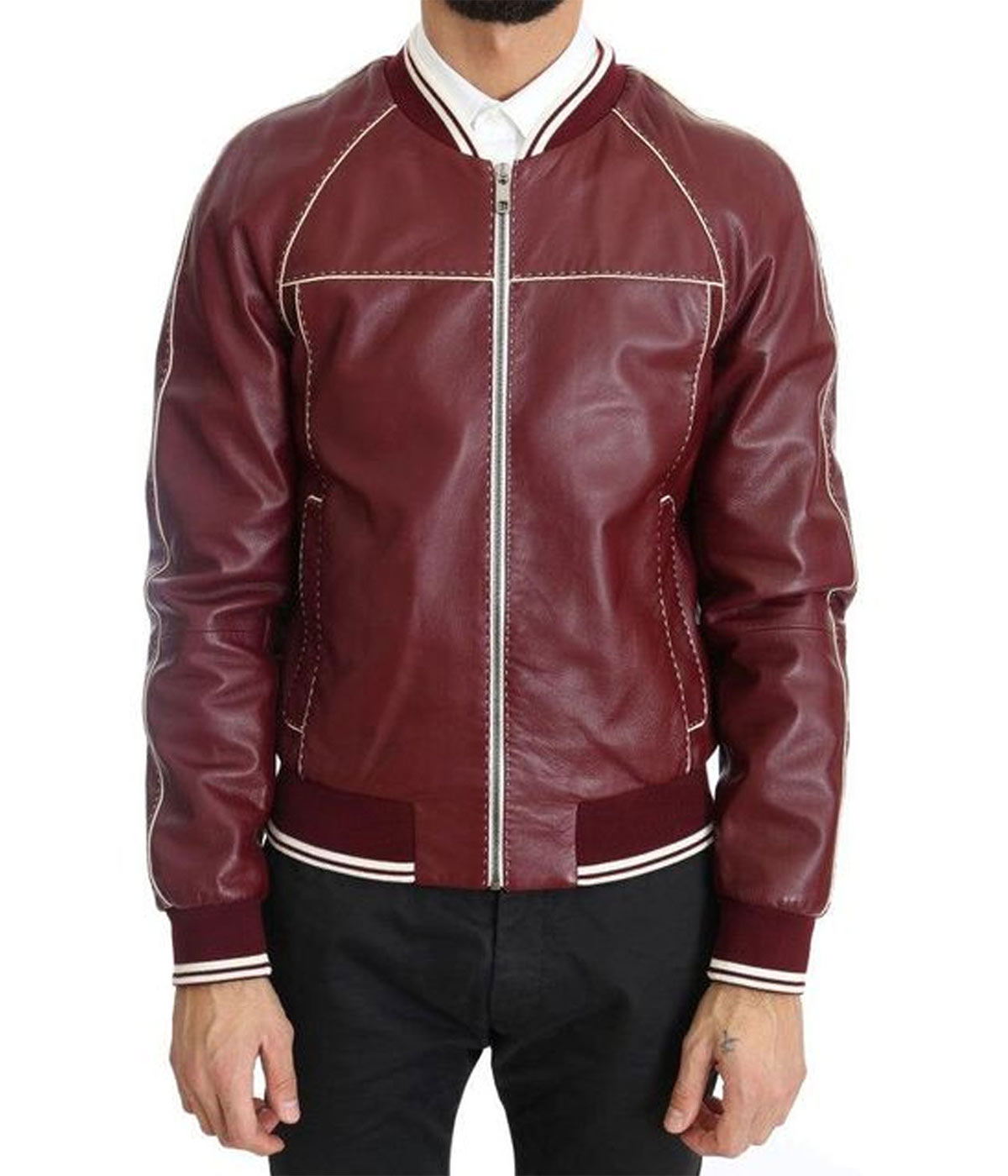 Men’s Stitched Bomber Maroon Bomber Leather Jacket
