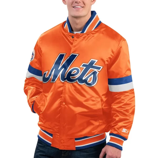 NY Mets Home Game Orange Satin Varsity Jacket