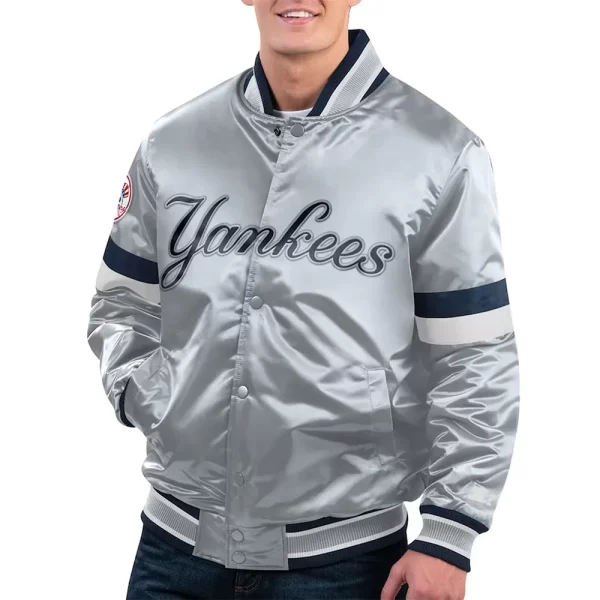 NY Yankees Home Game Varsity Gray Satin Jacket