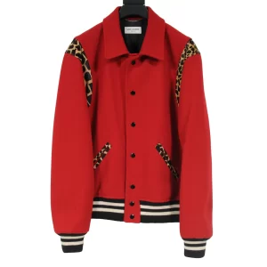 Red Leopard Print Wool Teddy Bomber Varsity Jacket