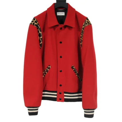 Red Leopard Print Wool Teddy Bomber Varsity Jacket