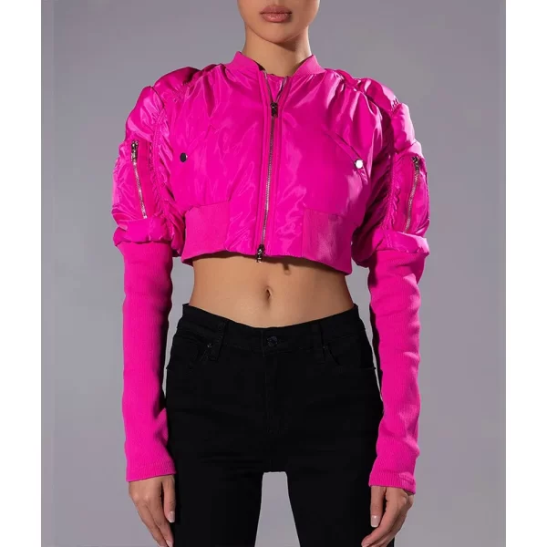 The Chi Zaria Imani Primer Cropped Bomber Pink Jacket