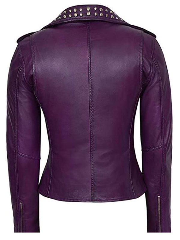 Women’s Asymmetrical Zipper Studded Purple Leather Jacket