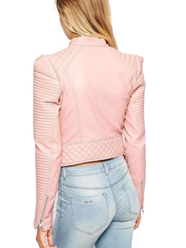 Women’s HJ087 Asymmetrical Quilted Pink Leather Motorcycle Jacket