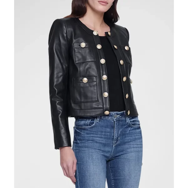 Women’s Jayde Black Cropped Collarless Leather Jacket