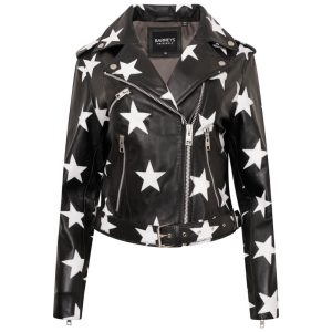 Women’s Petite Star Print Black Leather Biker Jacket