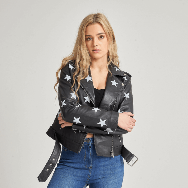 Women’s Petite Star Print Leather Biker Black Jacket