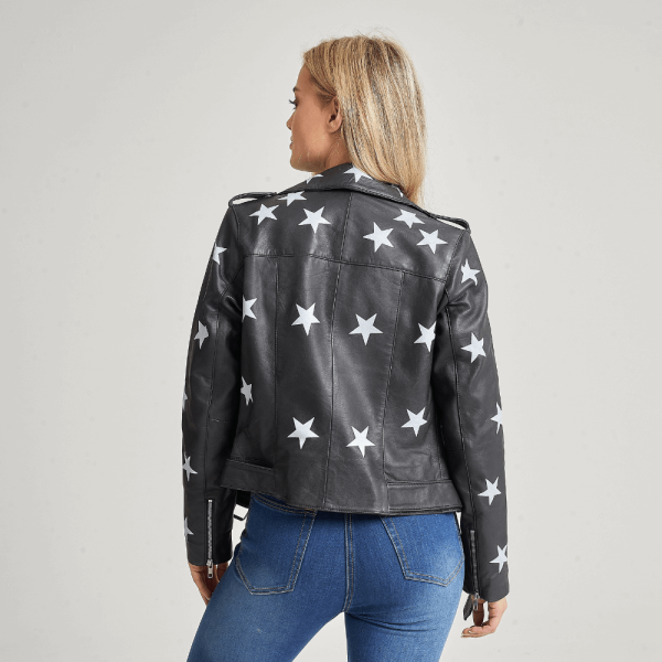 Women’s Petite Star Print Leather Biker Jacket