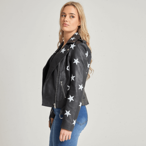 Women’s Petite Star Print Leather Biker Jackets