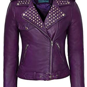 Women’s Purple Studded Motorcycle Leather Jacket