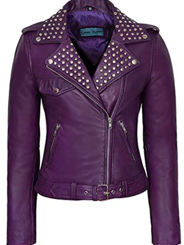 Women’s Purple Studded Motorcycle Leather Jacket