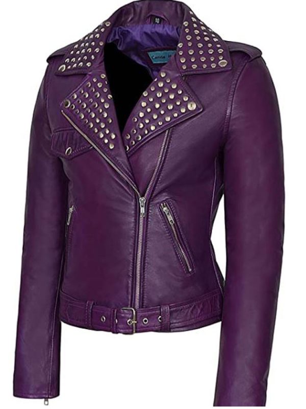 Women’s Studded Motorcycle Purple Leather Jacket - A2 Jackets