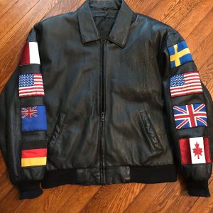 World Flag Patches Men’s Black Leather Jacket