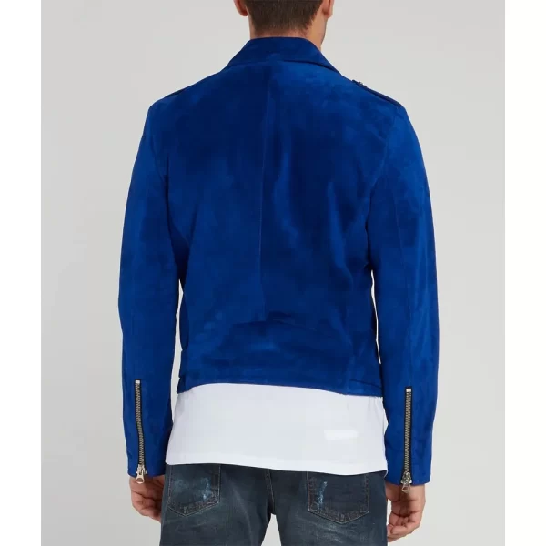 Attitude Blue Asymmetrical Zipper Suede Leather Biker Jacket