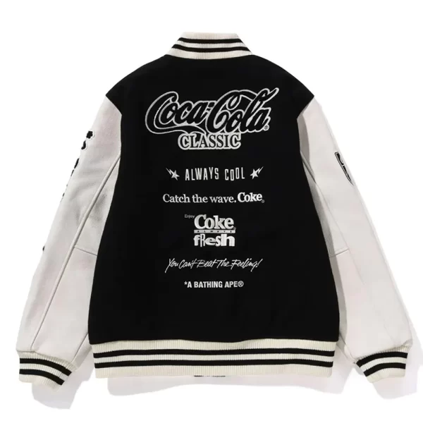 Black Bape Coca Cola Full-Snap Varsity Wool Leather Jacket