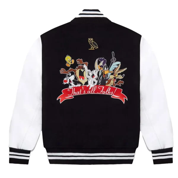 Black & White OVO Looney Tunes Varsity Wool Leather Jacket