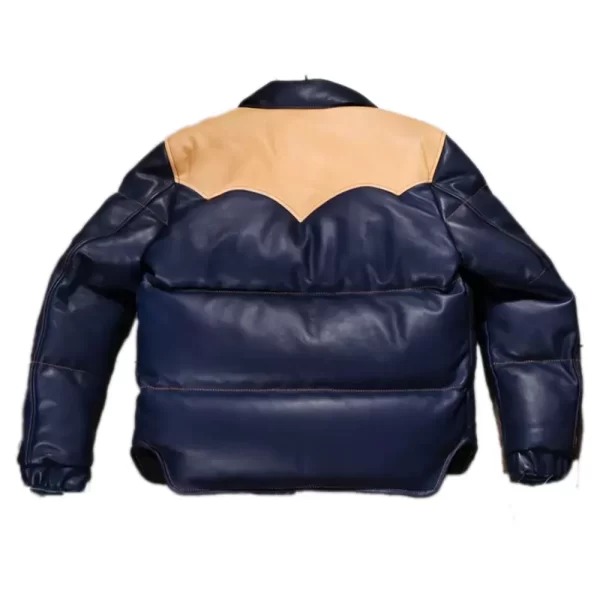 Blue Designer Leather Puffer Jacket