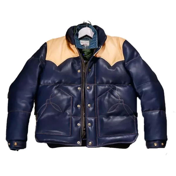 Blue Designer Puffer Leather Jacket