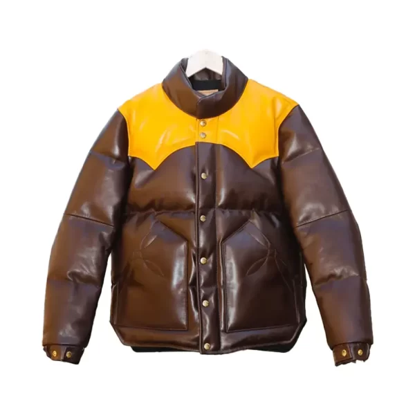 Brown Designer Puffer Leather Jacket